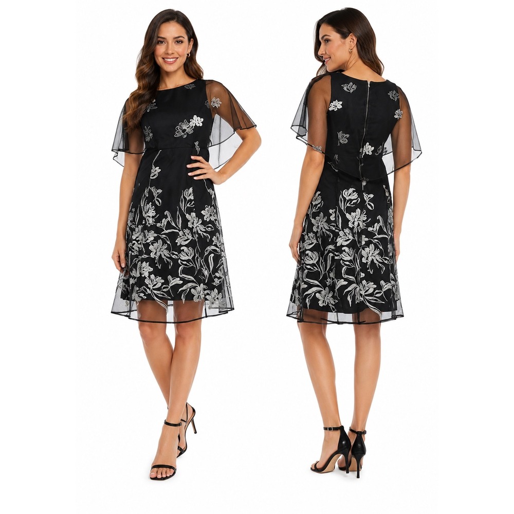 J.Taylor Floral Embroidered Mesh Capelet Cape Dress Women 14 Black Evening